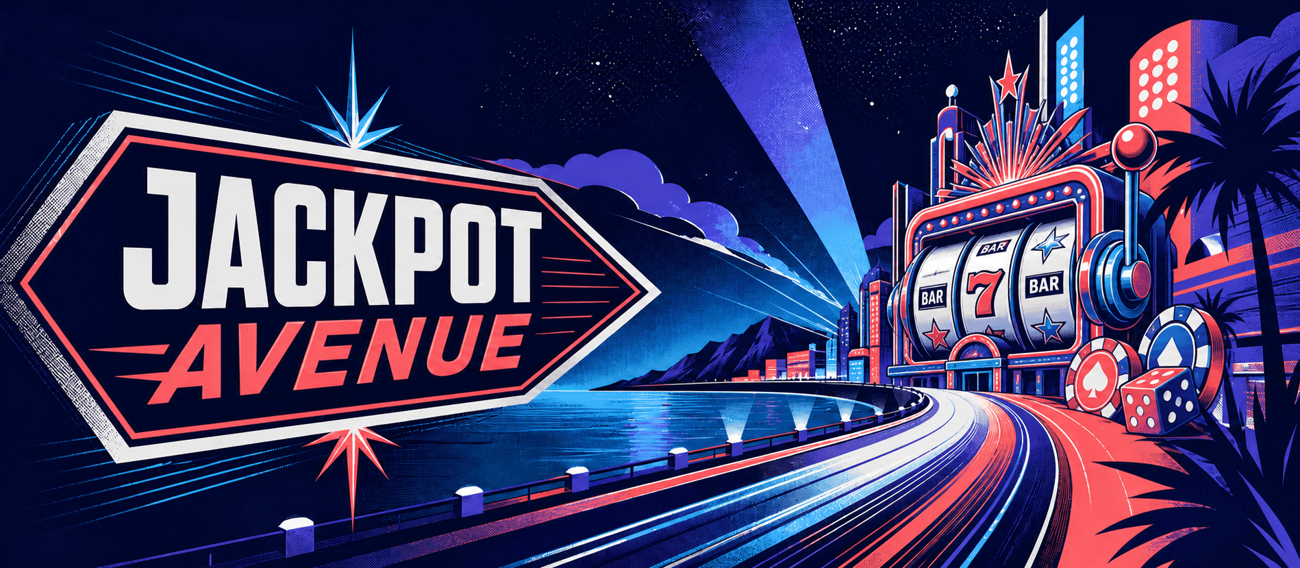 Jackpot Avenue waterfront casino with a giant slot machine, chips, and dice