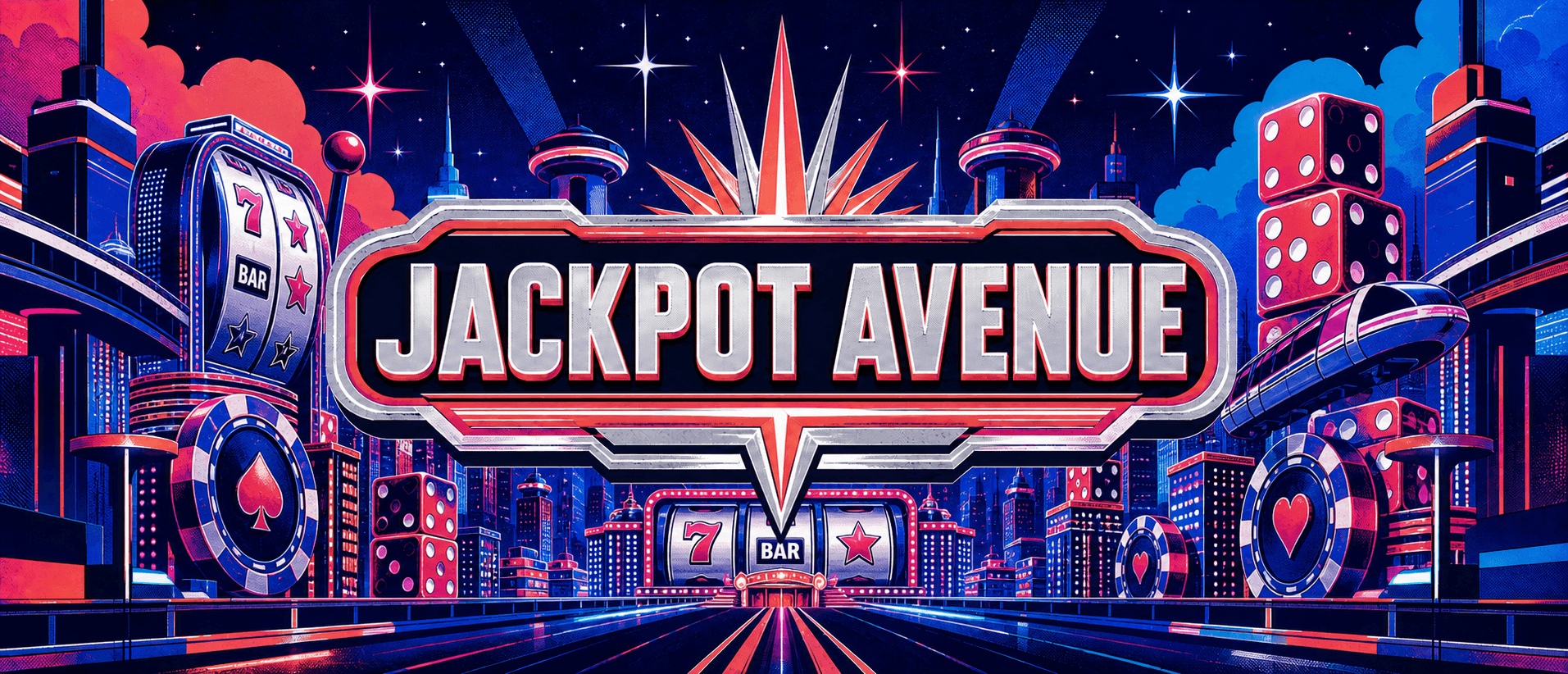 Jackpot Avenue casino district with slot reels, poker chips, and dice towers