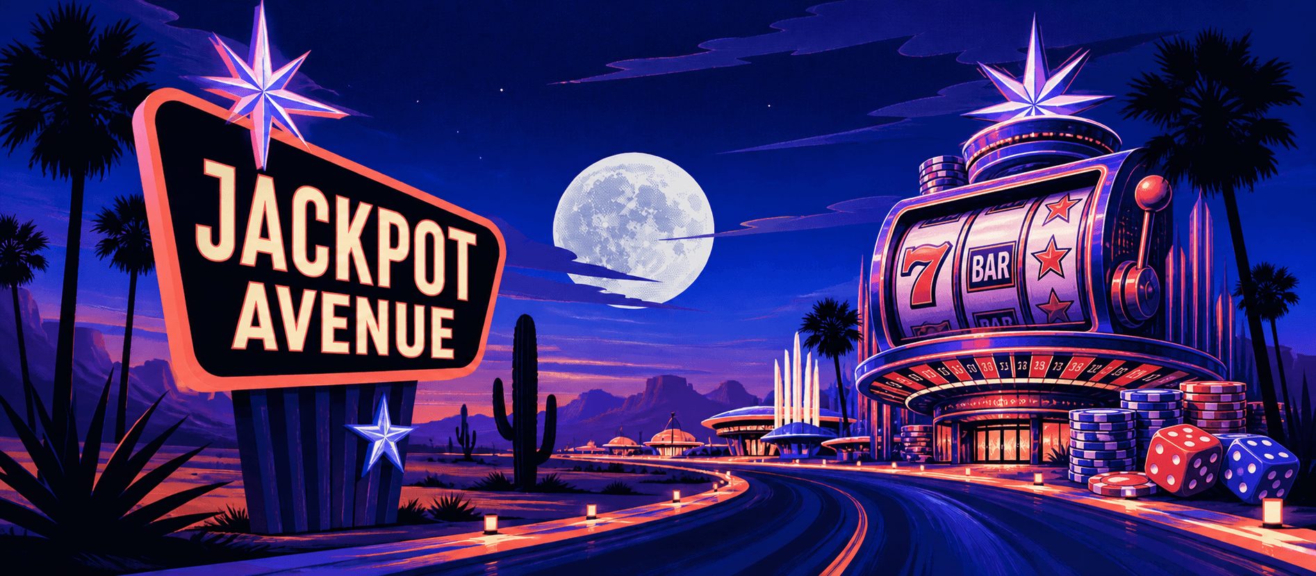 Jackpot Avenue moonlit desert casino with slot reels, roulette, chips, and dice
